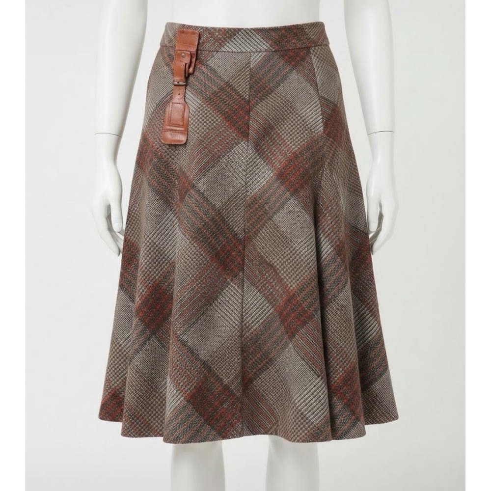 Hazel Plaid Wool Blend Midi Skirt M Brown Rust Leather Buckle Dark Academia Fall